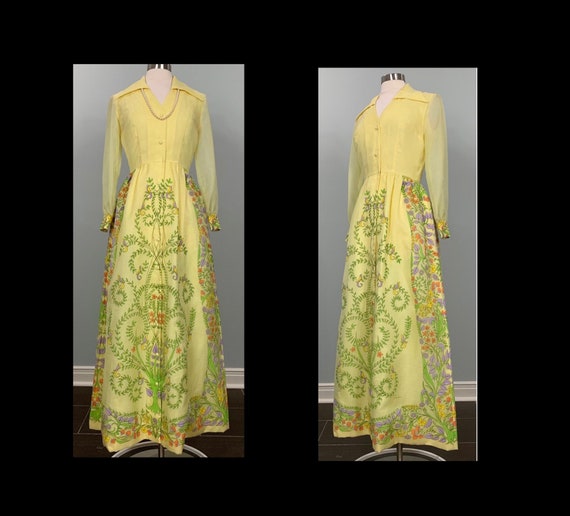 60s Alfred Shaheen Yellow Maxi Dress - 1960s Host… - image 1