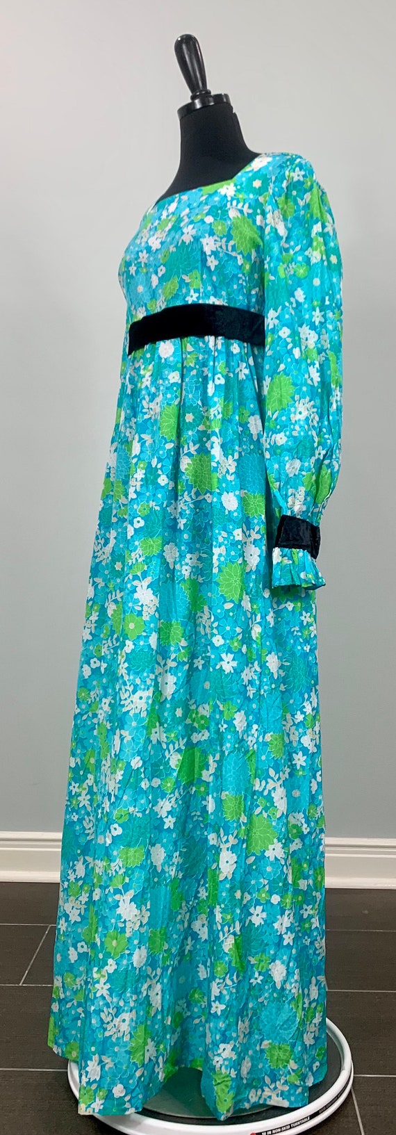 1970s Blue Floral Maxi Dress with Black Velvet Trim -… - Gem