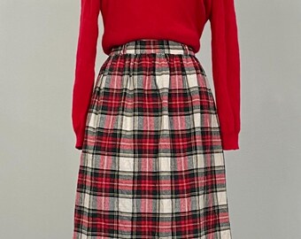 1980s Beige and Red Christmas Plaid Full Skirt - Size 6/8