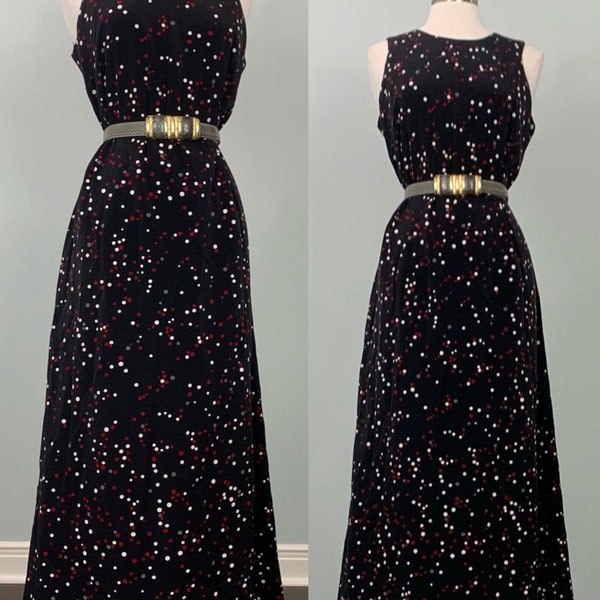 Black and Red Sleeveless Polka Dot Dress by Paul Harris Designs - Size 10/12 - 90s Black Polka Dot Maxi