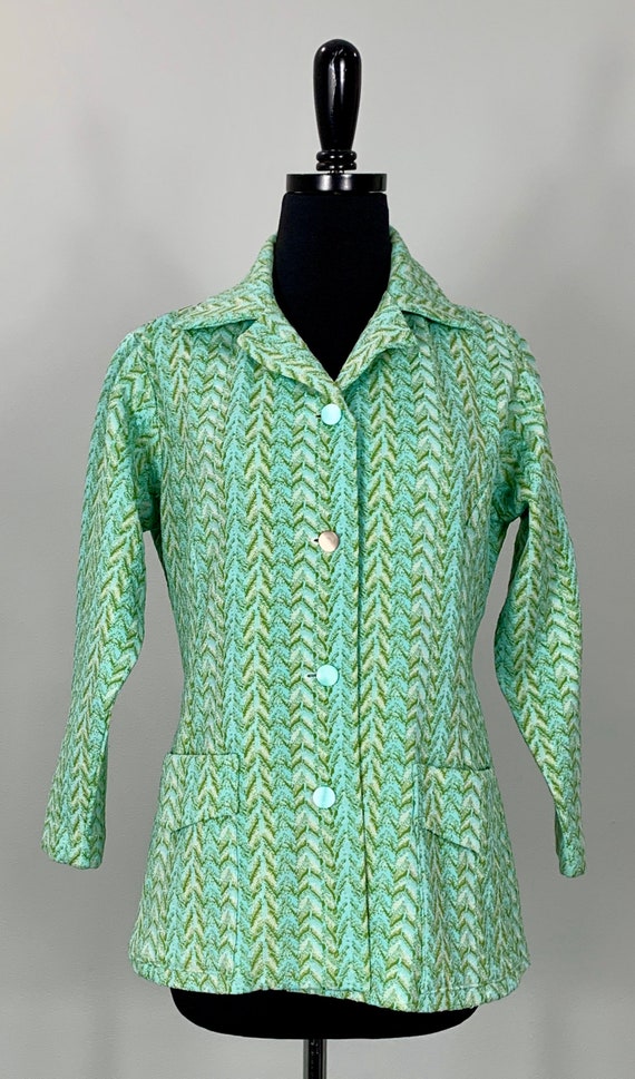 1970s Vintage Mint Green White Turquoise Chevron Blazer - Size 10 - Handmade - Retro - Pocketed Blazer - Green - 70s Costume - 39 Bust - 60s