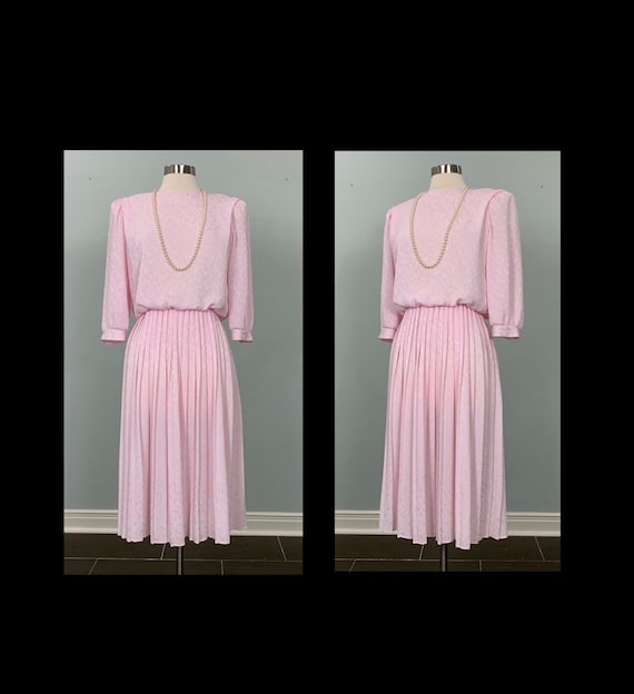 1980s Pink Semi formal Pleated Dress Size 8 10 80s Pink Polka Dot