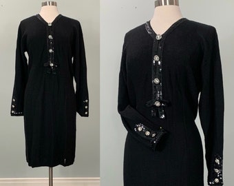 Black Knit Cocktail Dress with Rhinestone Detail by Rich and Levy - Size 12/14 - 90s Black Knit Winter Cocktail Dress