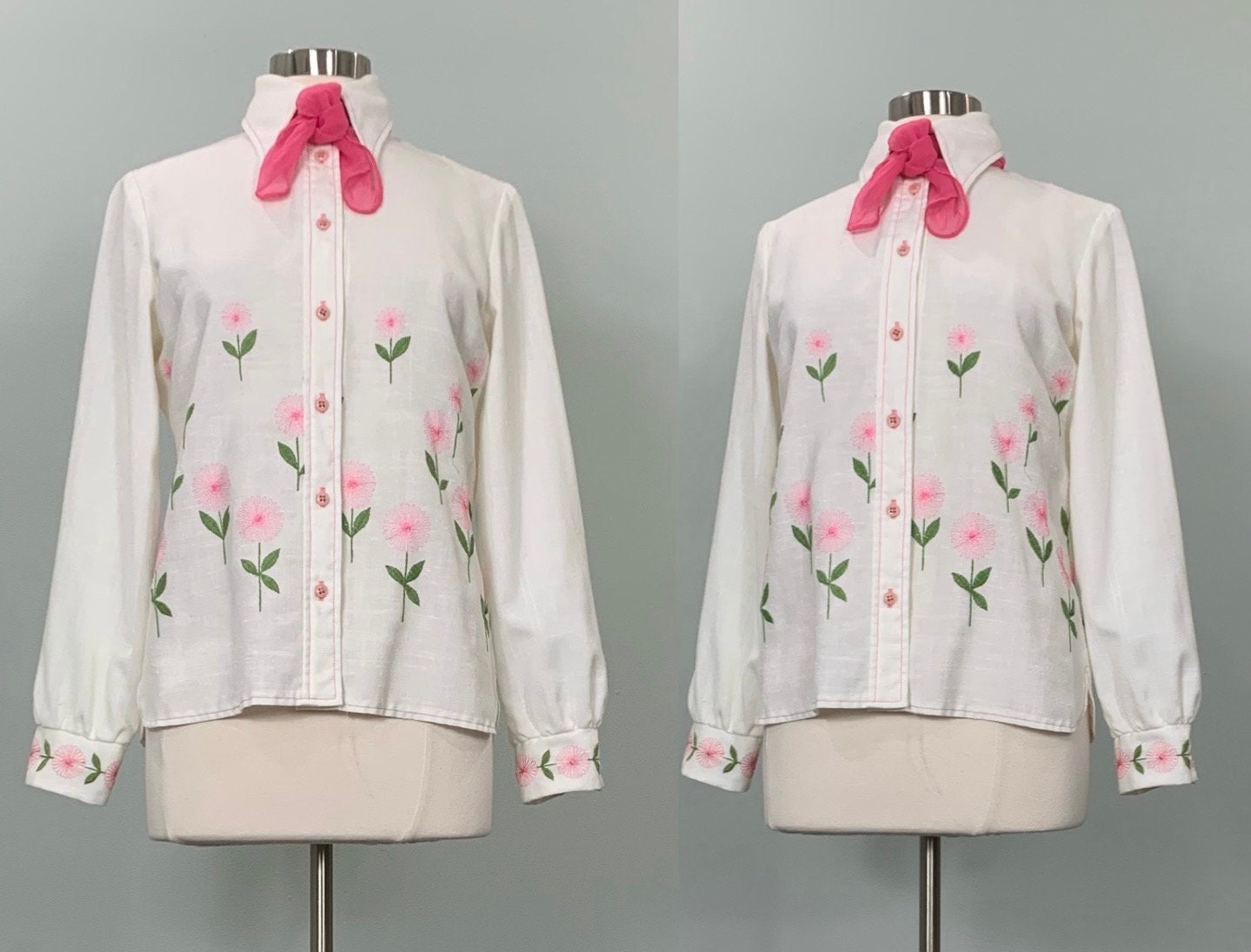 1970s Embroidered Floral Blouse – White Pink Long Sleeve Herman