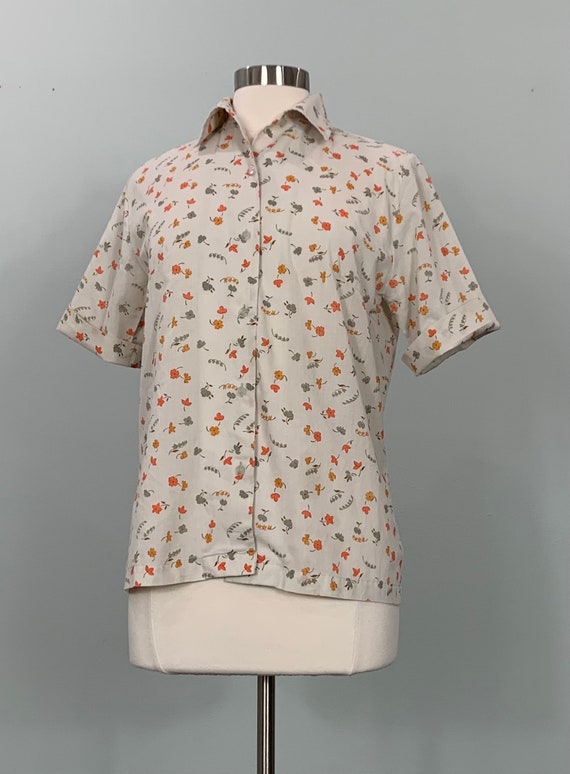 1960s Beige and Orange Floral Button Down Shirt b… - image 2