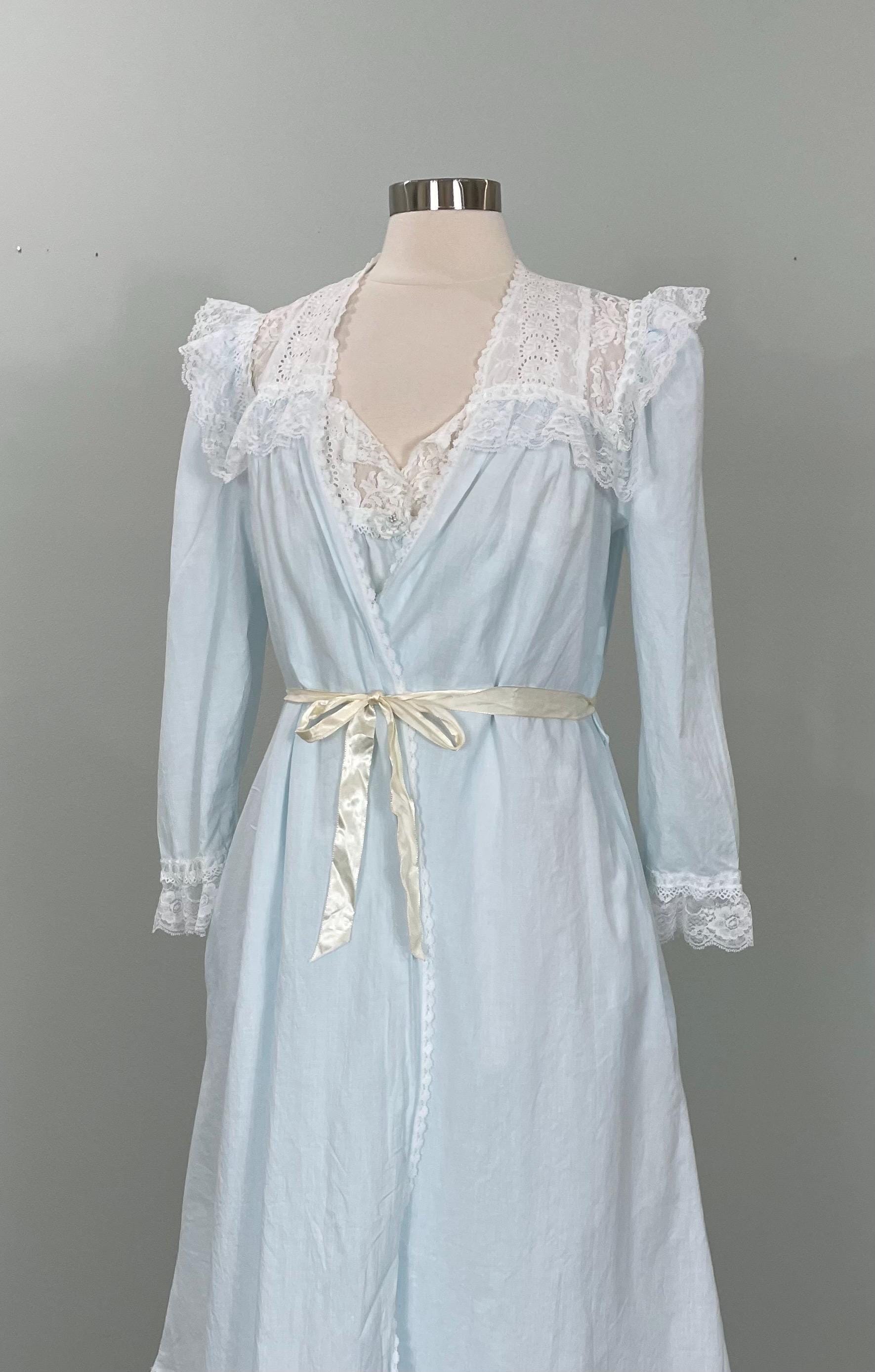 Christian Dior Light Blue White Lace Nightgown and Robe 2-piece
