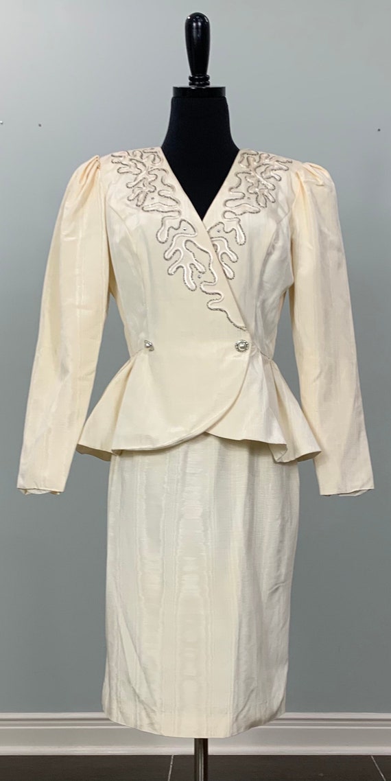 Ivory Skirt and Peplum Jacket Set by Bracolini - S
