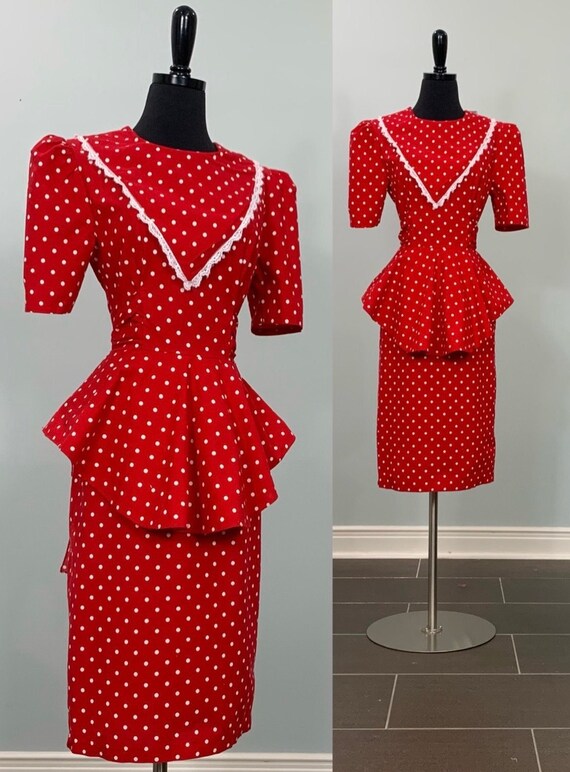 1990s Red and White Polka Dot Peplum Pencil Dress 