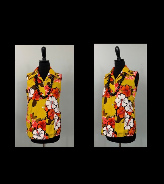 Mod Yellow White and Neon Sleeveless Floral Top b… - image 2