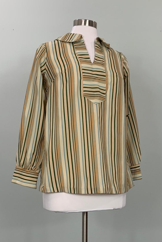 1970s Beige and Dark Green Vertical Striped Blous… - image 4