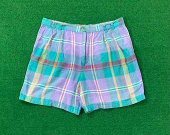 Turquoise and Purple Plaid Men's Shorts by Claiborne - Men's Size S/M - 90s Preppy Plaid Men's Shorts