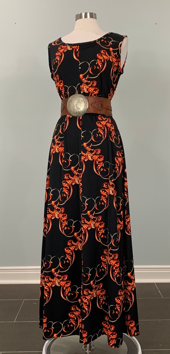 1970s Black and Neon Orange Sleeveless A-line Maxi