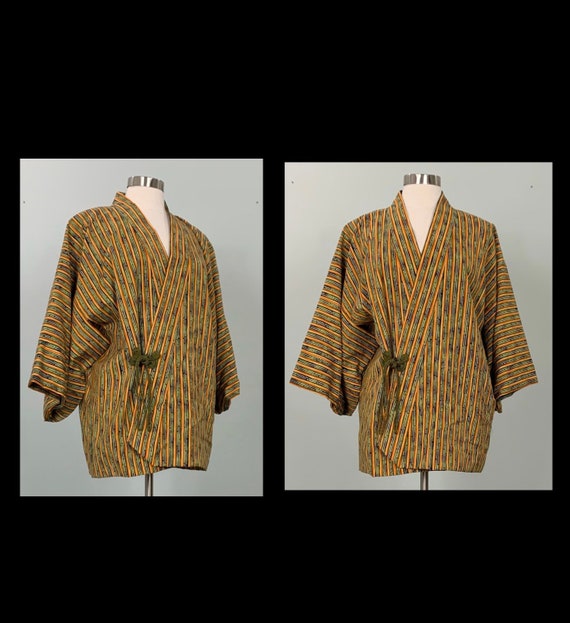 Olive Green and Orange Striped Kimono Jacket - OS… - image 9