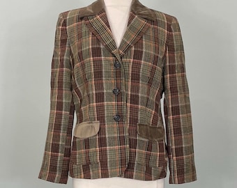 1990s Brown Plaid Blazer Copper Metallic Accents Velvet Trim - Size 8/10