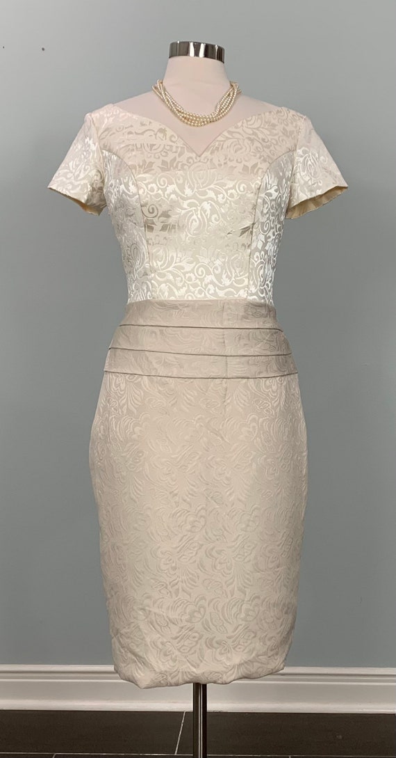 1990s Two Tone Beige Wiggle Dress Size 6 8 90s Beige and Taupe Fitted Short Sleeve Cocktail Dress