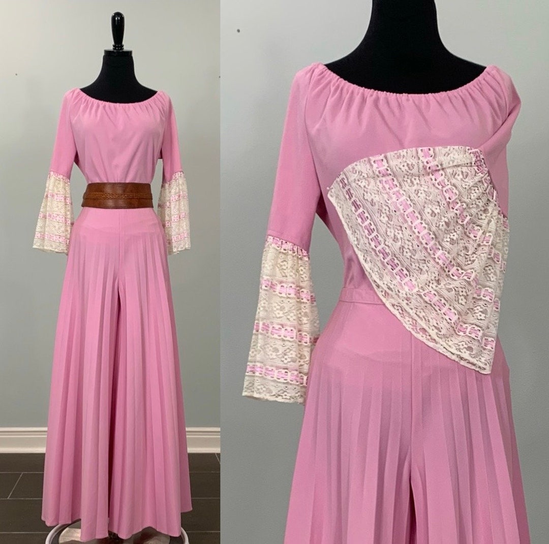 1970s Pink Accordion Palazzo Pants With Beige Lace Bell Sleeve Etsy