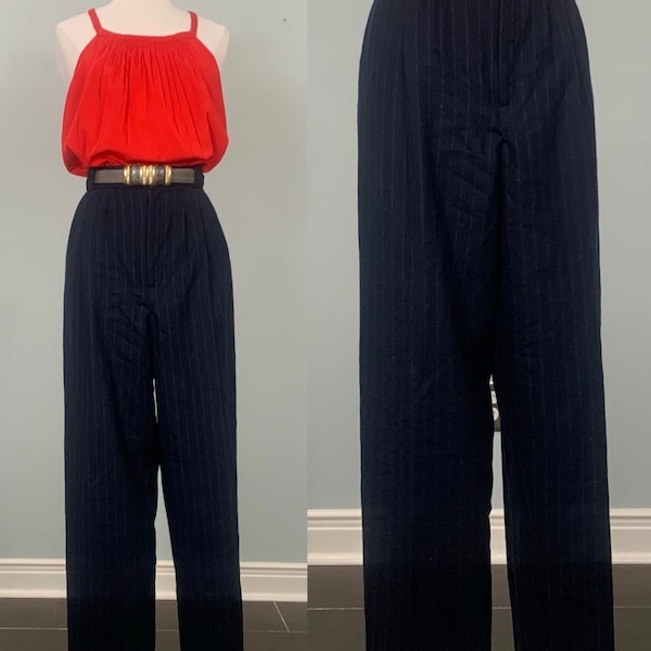 1980s Giorgio Sant' Angelo Navy Blue and White Pin Stripe Tapered Wool Trousers - Size 10/12 - 80s Blue and White Striped Wool Winter Pants