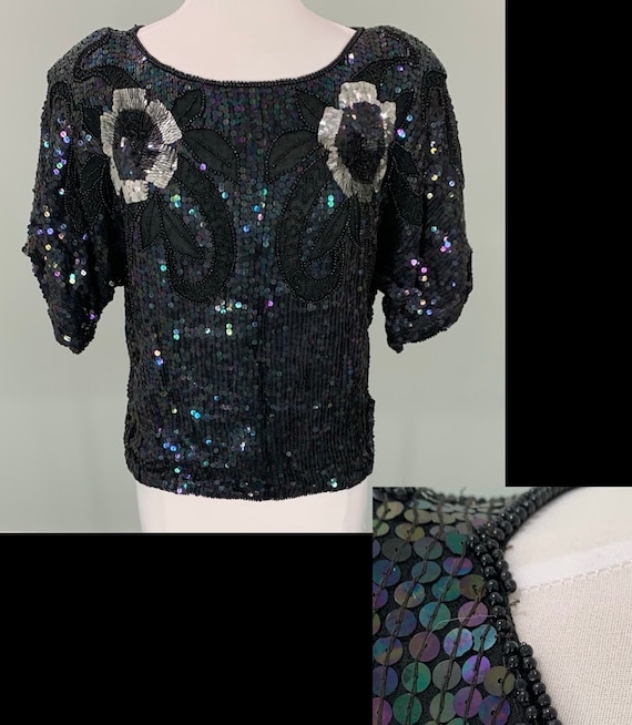 Vintage 80s Boxy Oversized Sequin Blouse Black Silver 14