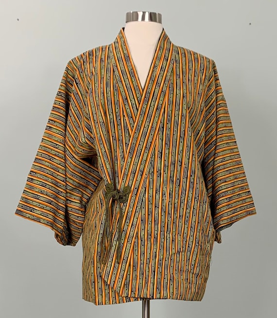 Olive Green and Orange Striped Kimono Jacket - OS… - image 1