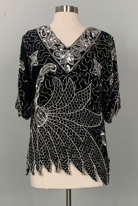 Black Silver and Pearl Beaded Sequin Blouse by Bab
