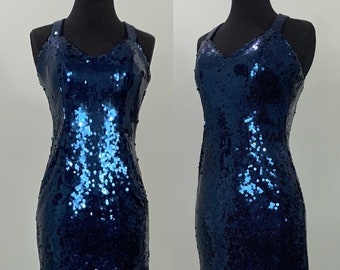 Backless Navy Blue Sequin Cocktail Dress by Julie Duroche for After Five - Size 0/2 - 90s Blue Sequin Fitted Dress