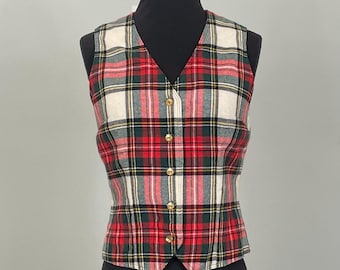 1970s Beige Christmas Plaid Fitted Cropped Vest - Size 2/4