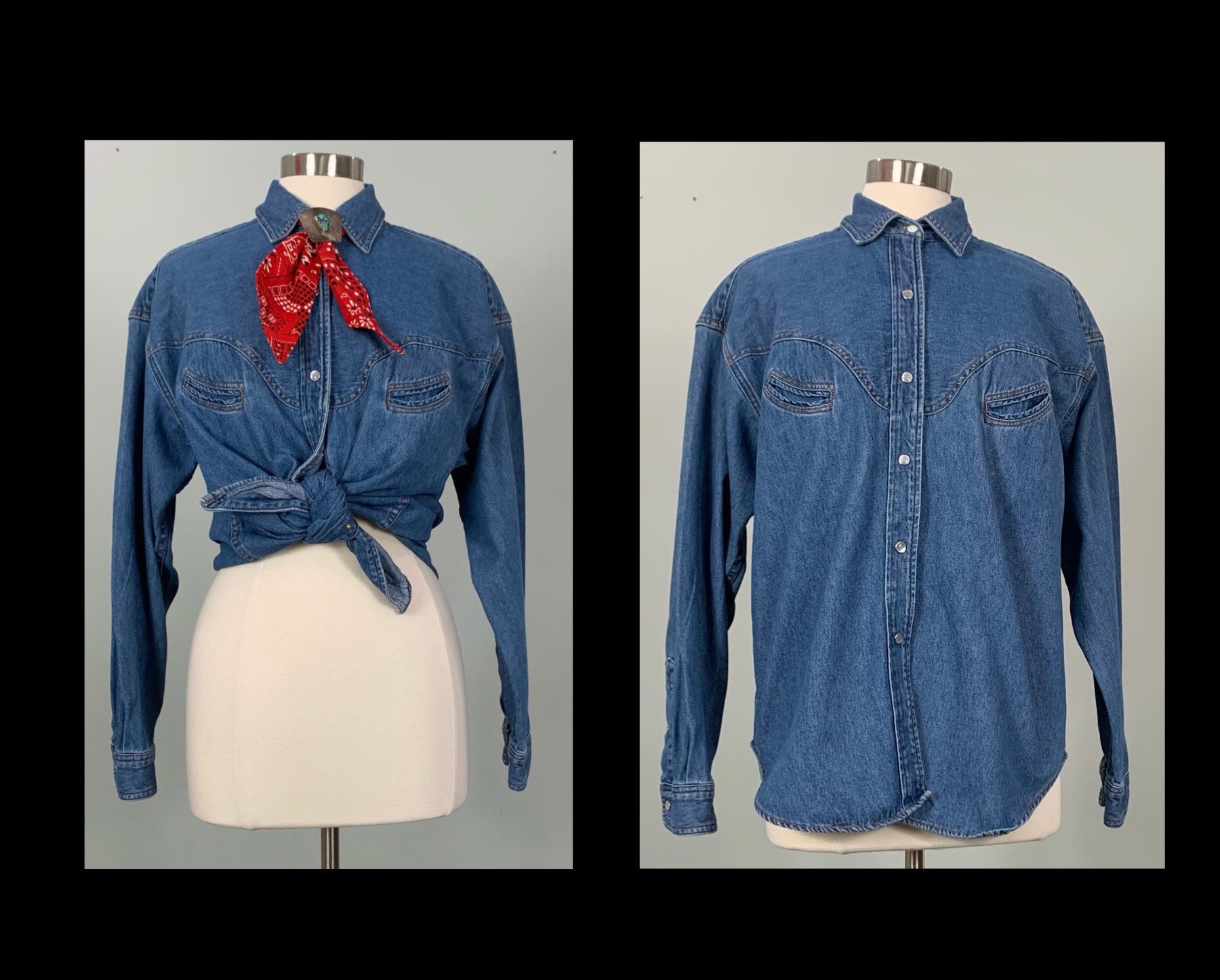 BirdInTheChimney 1990s Schaefer Outfitters Solid Denim Pearl Snap Oversized Western Shirt - Large - 90s Blue Jean Pearl Snap Western Shirt - Unisex Western