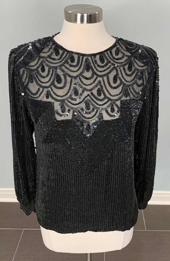 1980s Raiment Fashions Black Beaded and Sequin Lo… - image 9