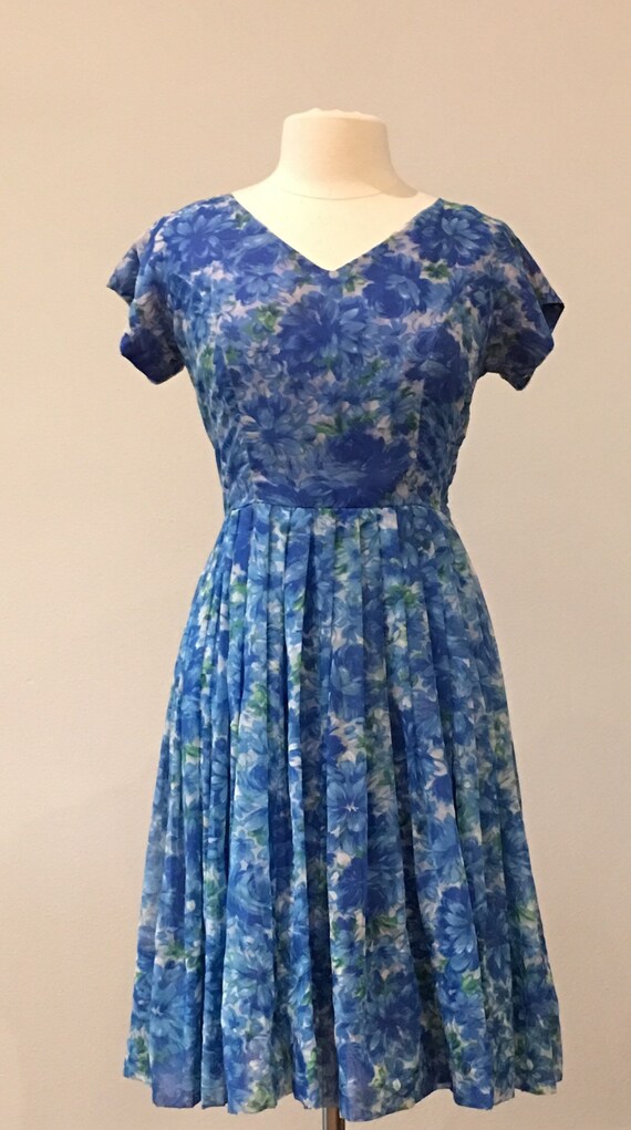 1950s Vintage Chiffon Party Dress Blue Floral Chiffon | Etsy