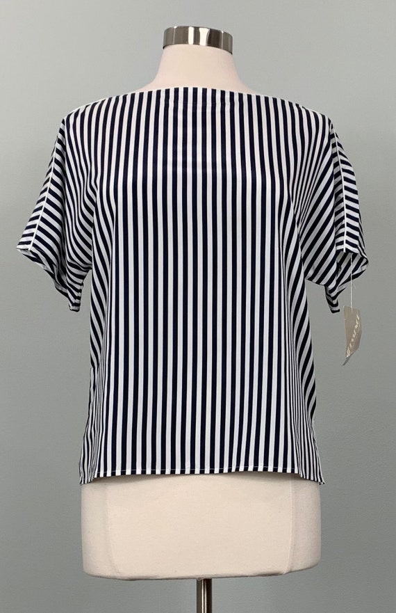 1990s Navy Blue and White Vertical Stripe Blouse b