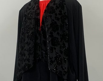 Black Open Jacket with Velveteen Burnout Scarf by Maggie Sweet - Size 22/24 - 90s Plus Size Open Black Jacket