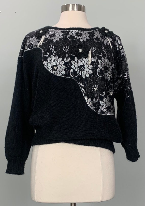 Black and Silver Metallic Lace Beaded Sweater by … - image 1
