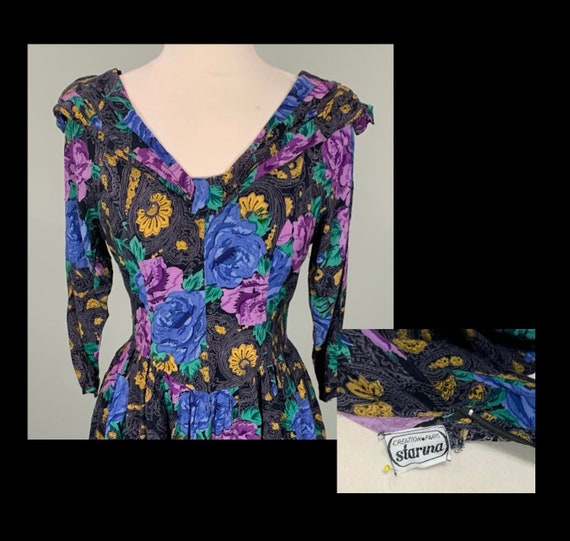 1980s Black and Blue Floral Fit and Flare Dress b… - image 9