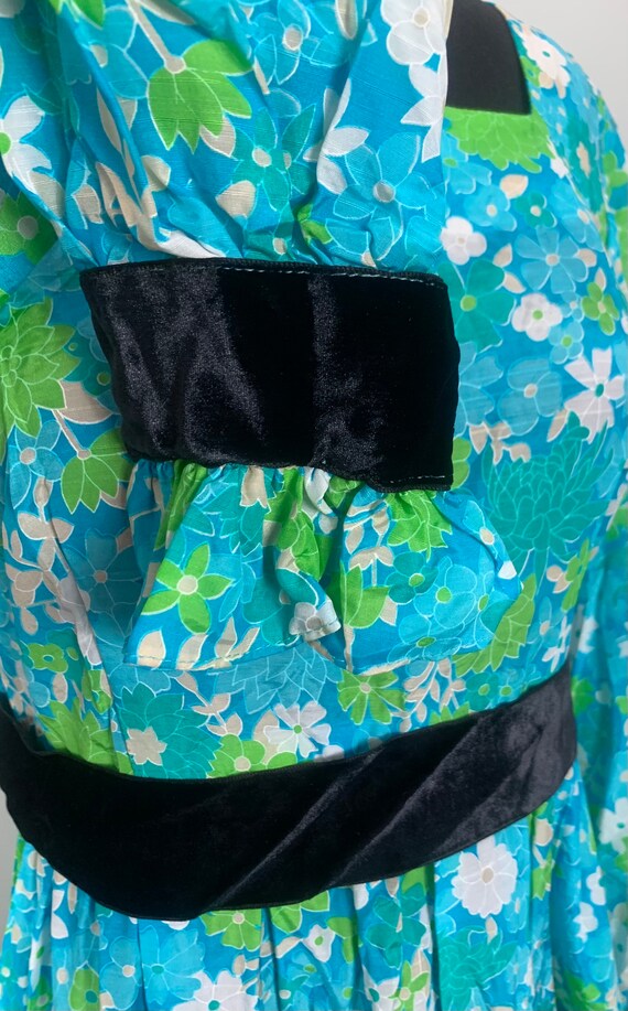 1970s Blue Floral Maxi Dress with Black Velvet Trim -… - Gem