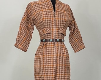 1960s Betty Barclay Brown Houndstooth Pencil Dress - Size 0/2