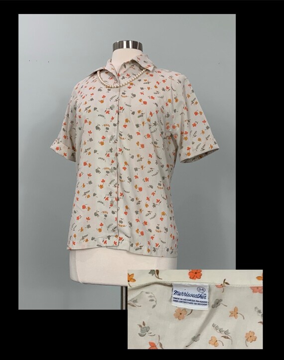 1960s Beige and Orange Floral Button Down Shirt b… - image 9