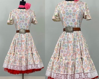 Beige Multicolor Floral Square Dance Dress - Size 0/2 - 70s Multicolor Western Square Dance Dress