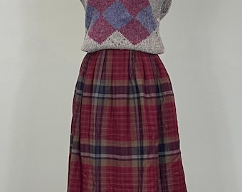1980s Burgundy and Navy Plaid Pleated Midi Skirt - Size 8/10