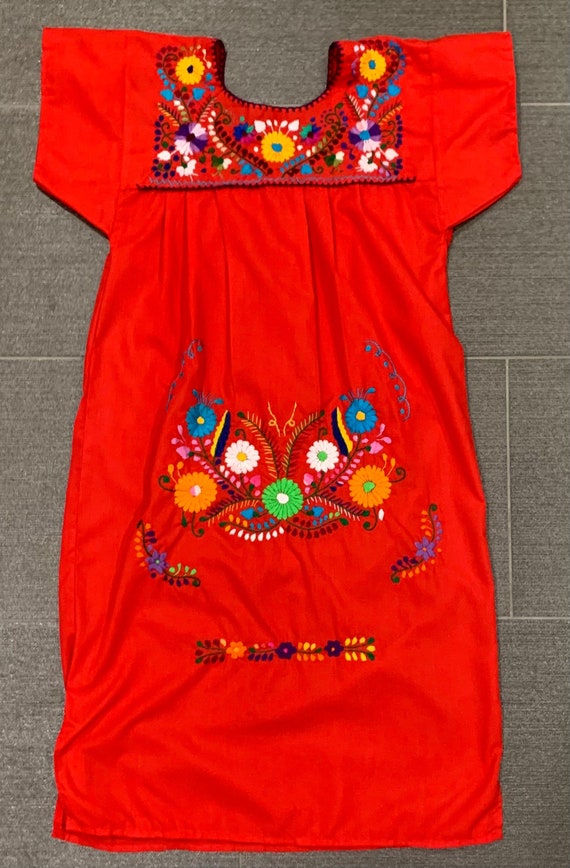 Red Multicolor Floral Embroidered Mexican Dress -… - image 2