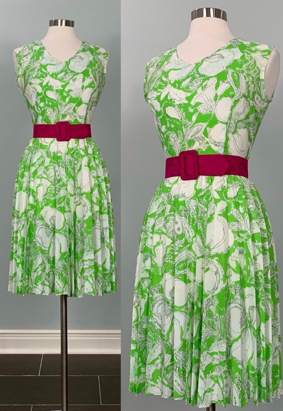 Green and White Floral Pleated Garden Party Dress 