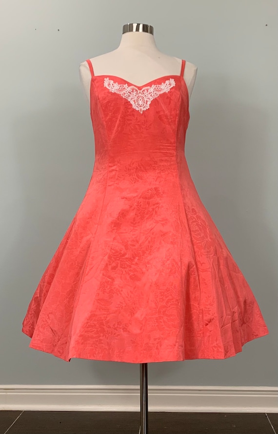 1990s Coral Sleeveless Fit and Flare Formal with W