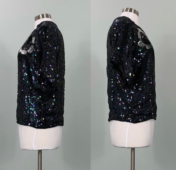 Vintage 80s Boxy Oversized Sequin Blouse Black Silver 16