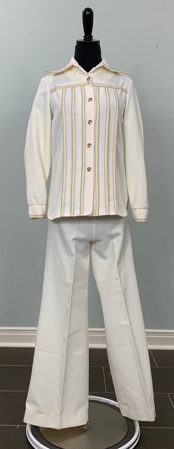 Beige Pant Suit with Rainbow Embroidery by Vicky S