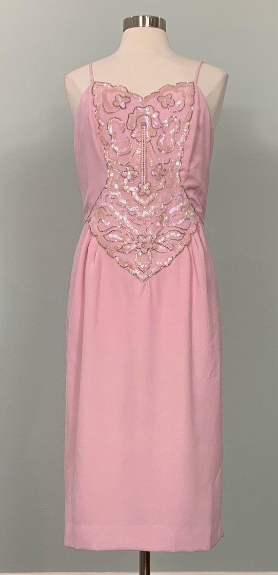 Pink Sequin Spaghetti Strap Dress by Karen Lawrenc