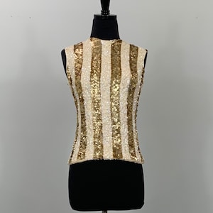 Vertical Striped Gold Sequin Top - Size 00/0 - 60s Mod Cropped Sequin Knit Sweater Top