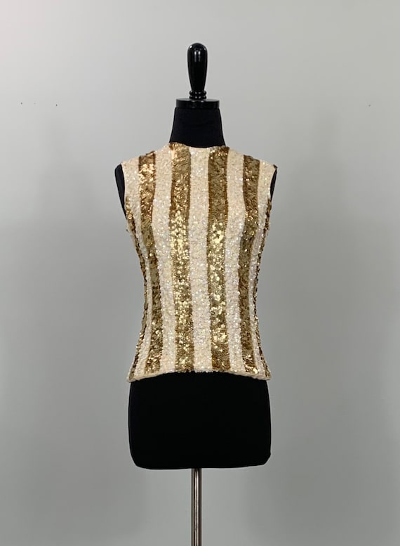 Beige and Gold Sleeveless Striped Sequin Top - Siz