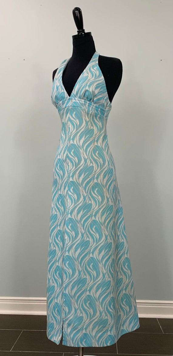 1970s Backless Turquoise Blue Halter Maxi Dress - 