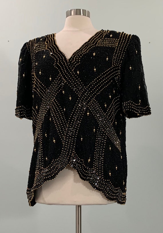 Black Sequin and Gold Beaded Asymmetrical Blouse b