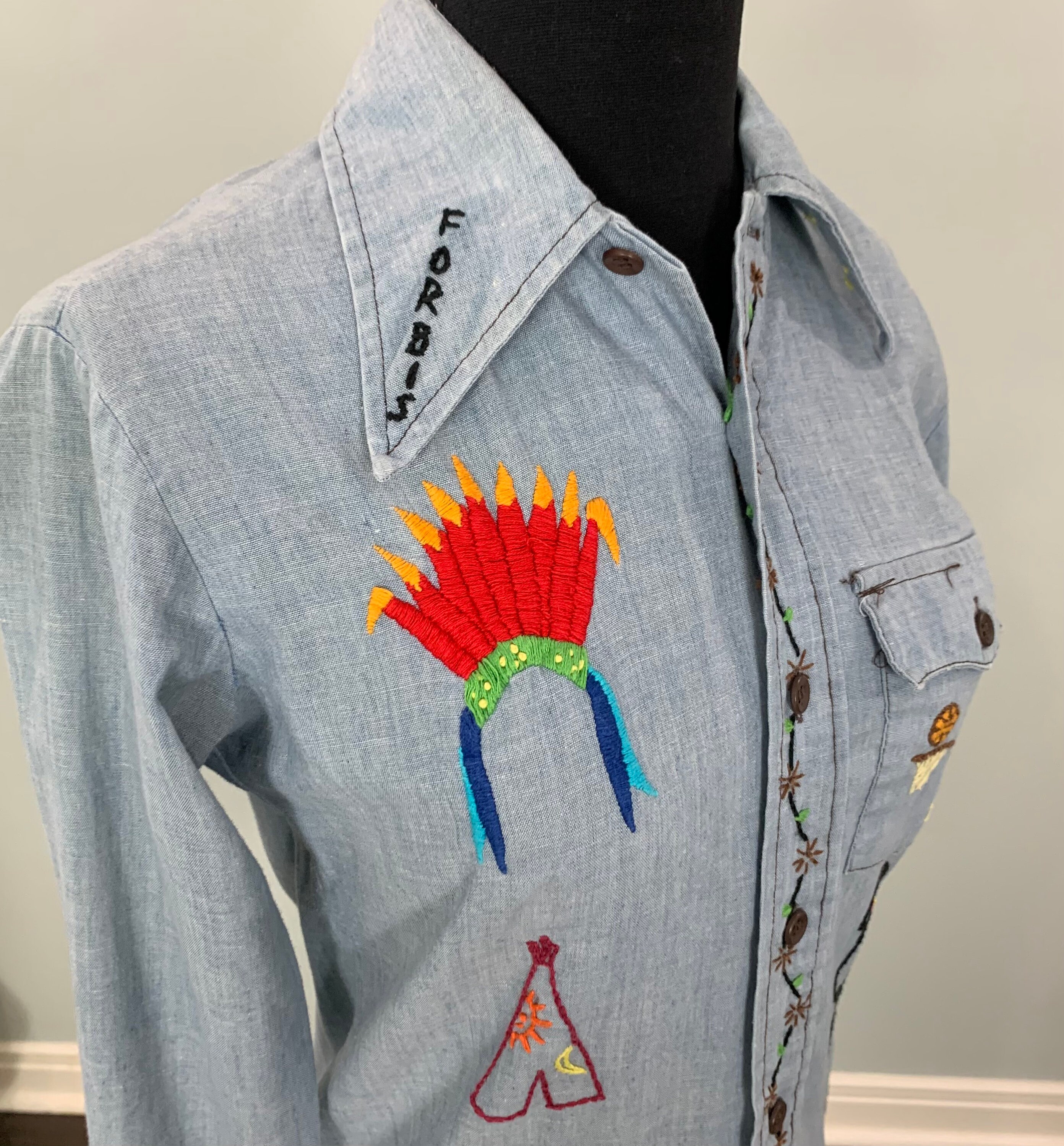 Embroidered Chambray Shirt - Size 0/2 - 70s Hand Embroidered