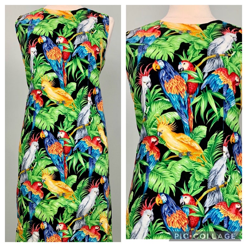 Bird Dress Cockatoo Size 810 Barbara Finsness Dress Tropical Black and Rainbow Sleeveless Parrot and Palm Tree Casual Resort Dress